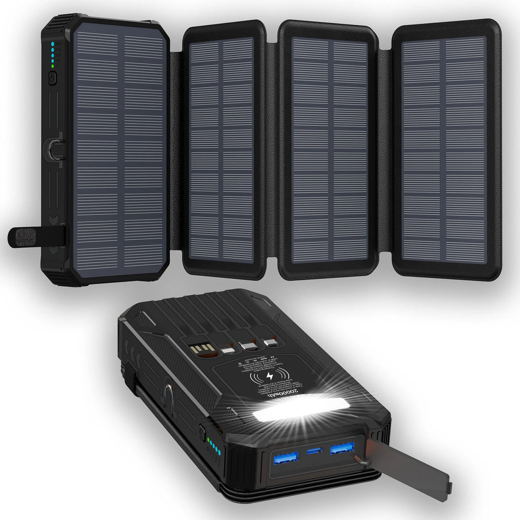 20000mAh Solar Wireless Power Bank With lighting lamp Folding With 4-wire Outdoor Portable Powerbank For IPhone 17-6 Pro Samsung