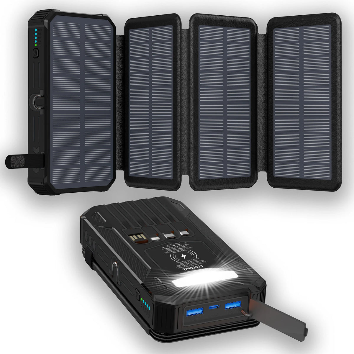 20000mAh Solar Wireless Power Bank With lighting lamp Folding With 4-wire Outdoor Portable Powerbank For IPhone 17-6 Pro Samsung