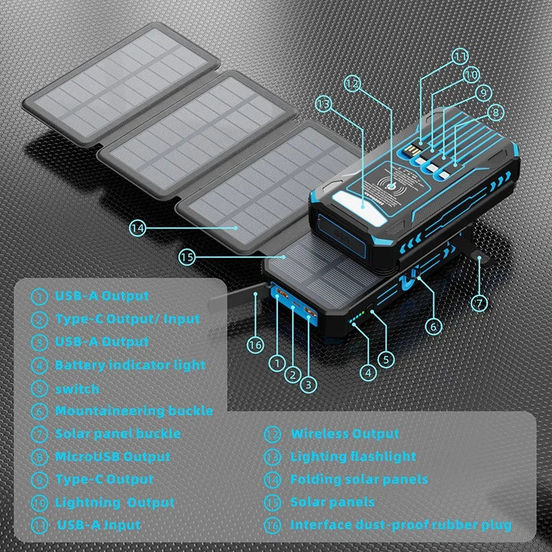 20000mAh Solar Wireless Power Bank With lighting lamp Folding With 4-wire Outdoor Portable Powerbank For IPhone 17-6 Pro Samsung