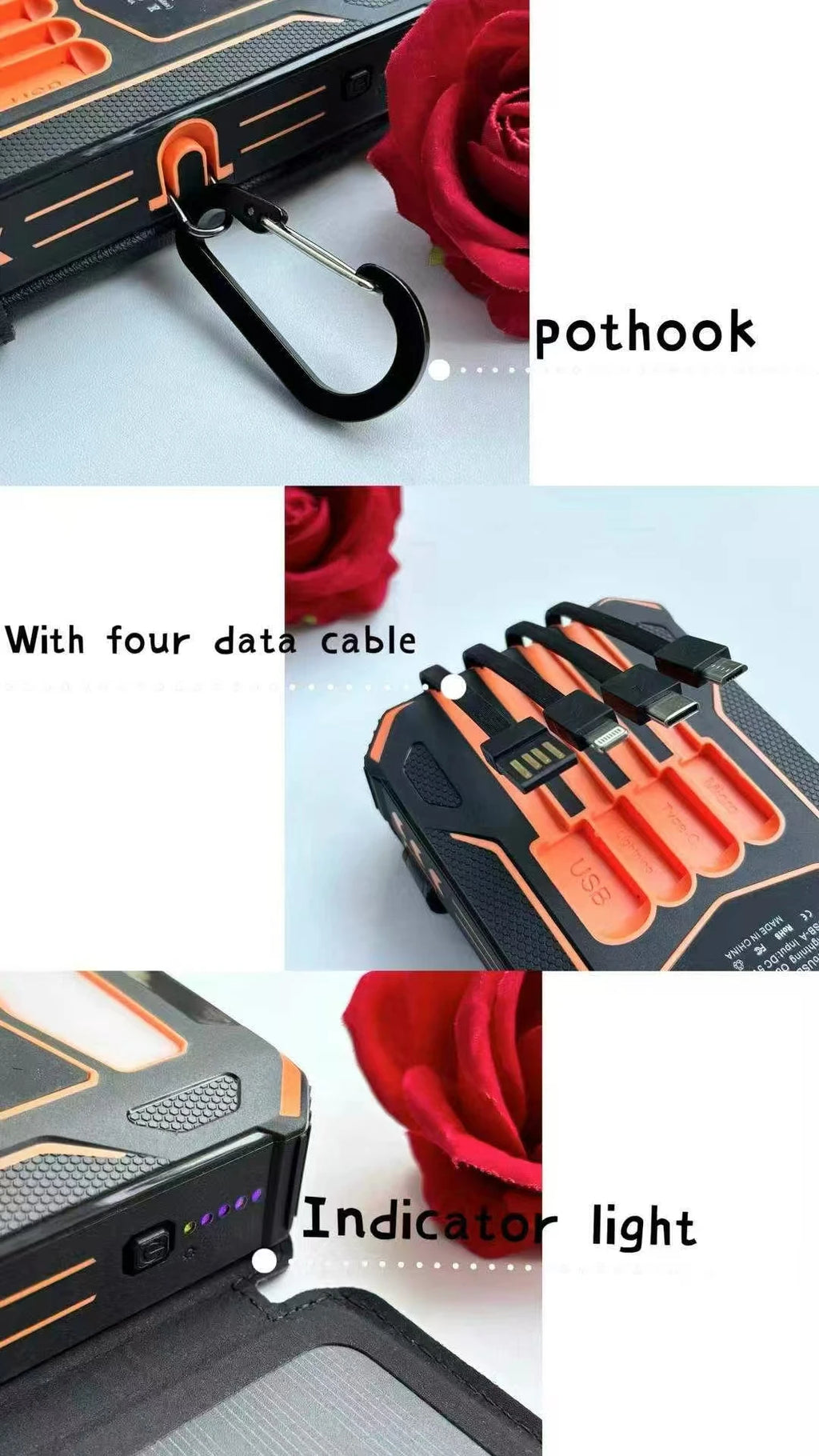 20000mAh Solar Wireless Power Bank With lighting lamp Folding With 4-wire Outdoor Portable Powerbank For IPhone 17-6 Pro Samsung