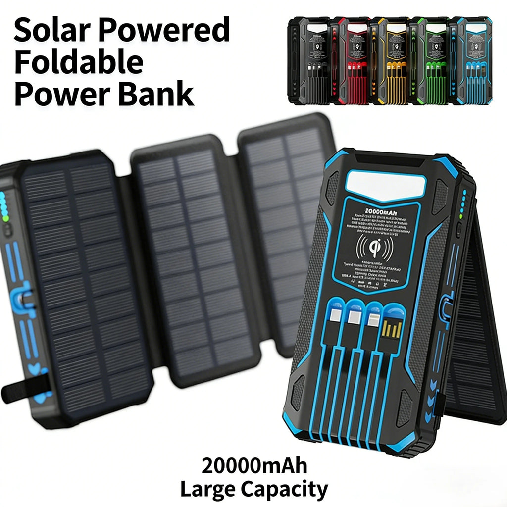 20000mAh Solar Wireless Power Bank With lighting lamp Folding With 4-wire Outdoor Portable Powerbank For IPhone 17-6 Pro Samsung