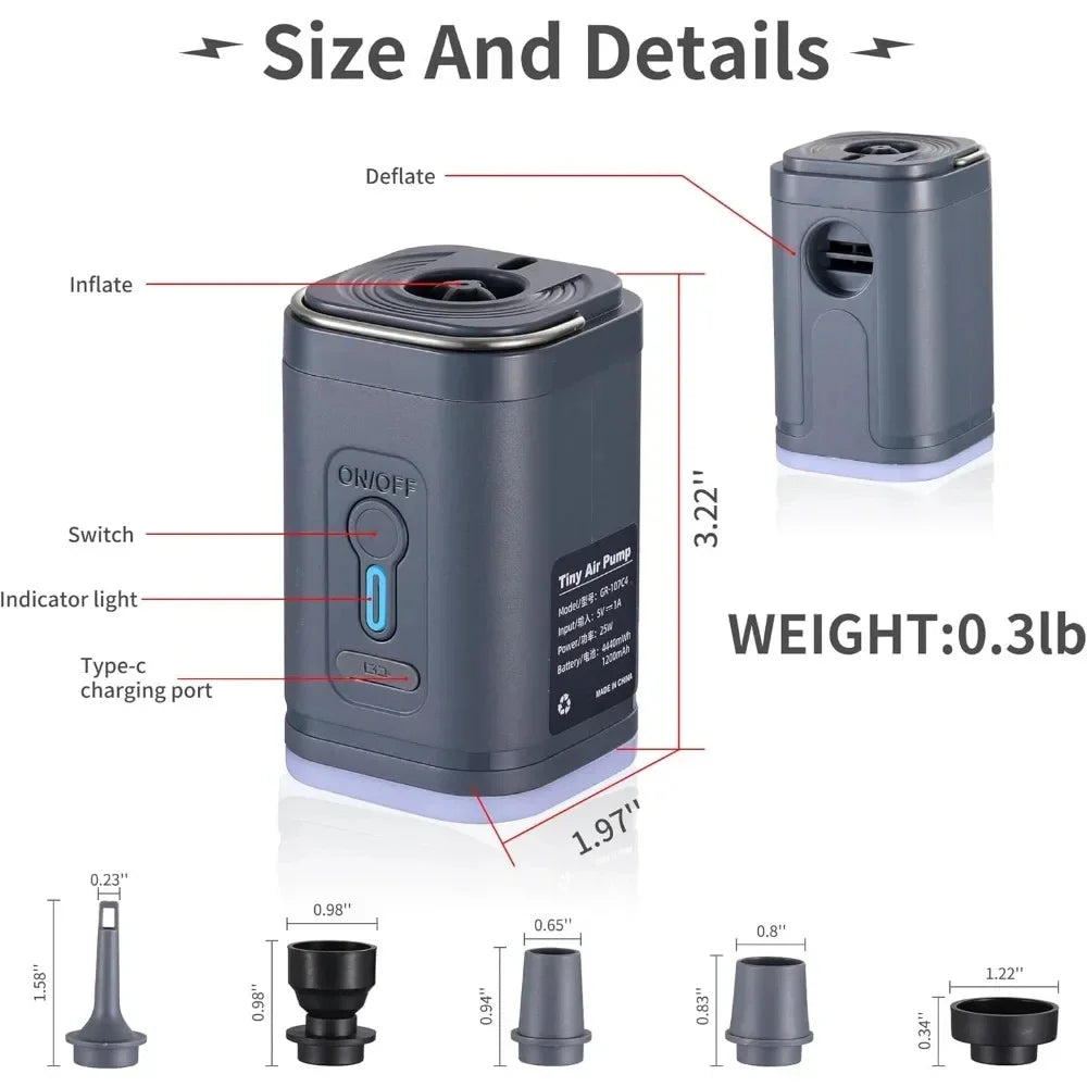 Portable Mini Electric Air Pump with Light，4.5KPa 1600mAh Battery Wireless Inflator for Air Mattress Pad, Vacuum Bags, Swim Rin