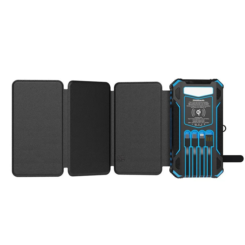 20000mAh Solar Wireless Power Bank With lighting lamp Folding With 4-wire Outdoor Portable Powerbank For IPhone 17-6 Pro Samsung