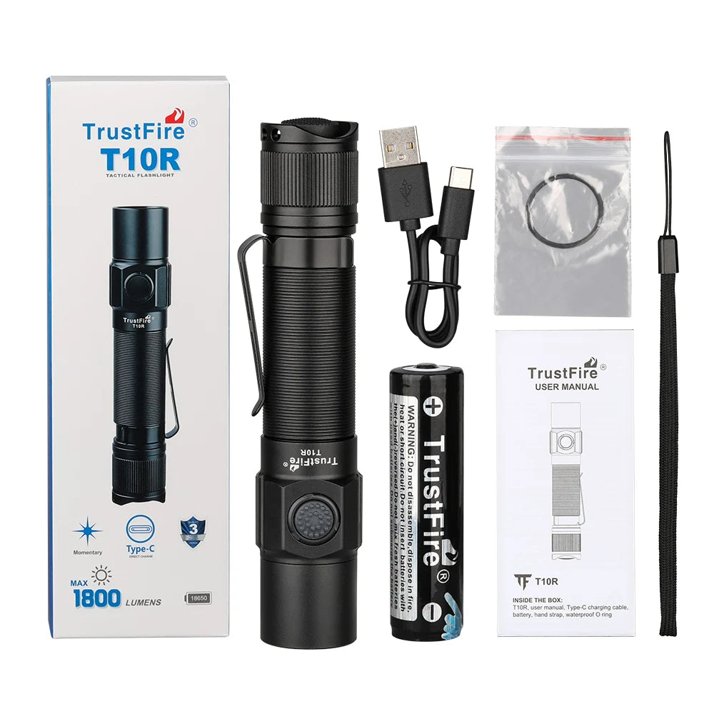 Trustfire T10R Army Tactical Flashlight 1800Lumen Powerful Type C USB Rechargeable 18650 LED Rechargeable Military Tactical Lamp